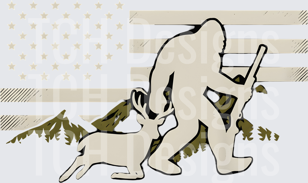 Bigfoot Hunter Dragging Buck American Flag Wilderness