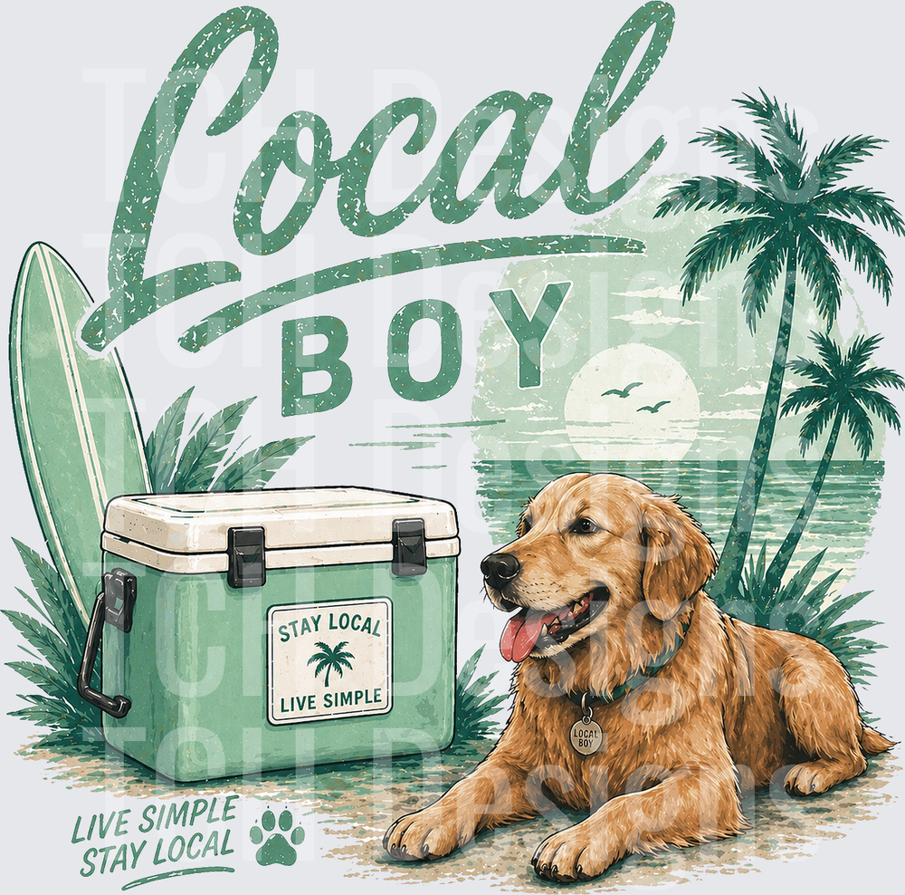 Local Boy Golden Retriever Beach Cooler Surfboard Palm Tree