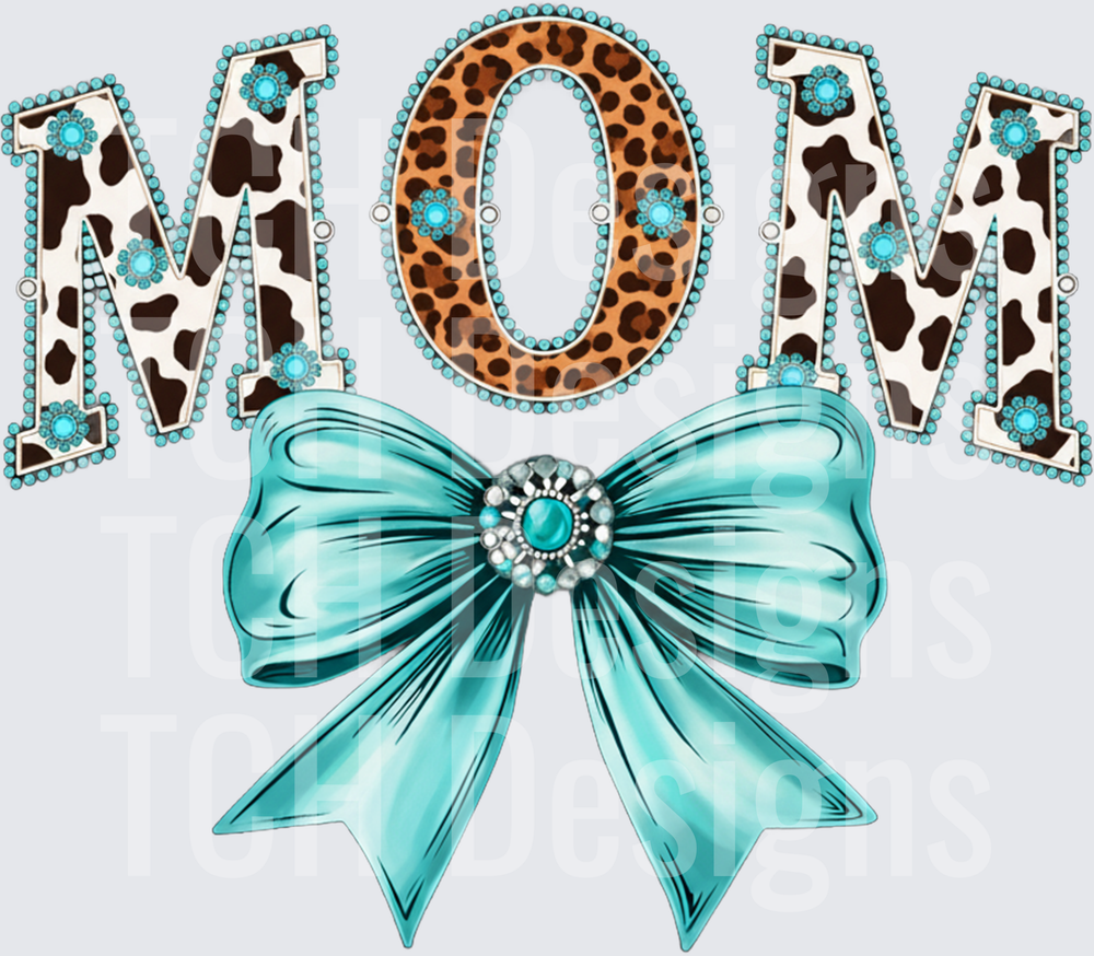 Rhinestone MOM Letters with Cow Print and Turquoise Bow