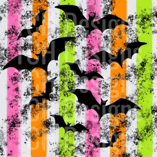 Halloween Bats Silhouettes Pink Orange Green Grunge Stripes