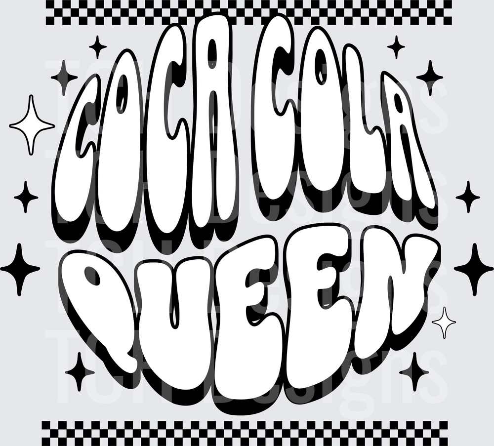 Coca Cola Queen Retro Bubble Letter Checkered Sparkle Design