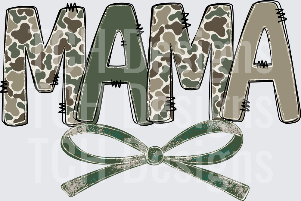 Camo Mama Bold Letters with Green Bow Accent