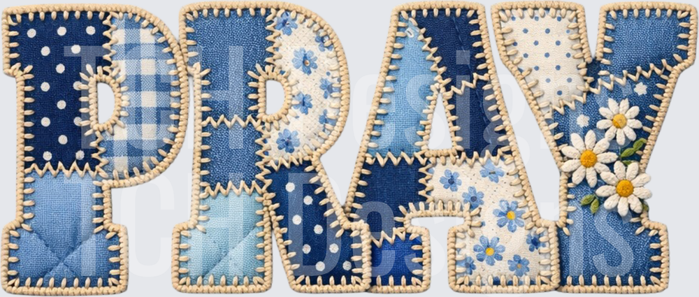 PRAY Patchwork Quilt Letters with Daisies and Blue Gingham