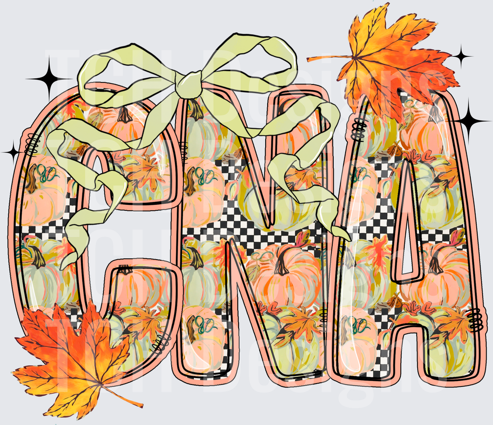 CNA Fall Pumpkin Checkered Letters with Bow and Maple Leaves