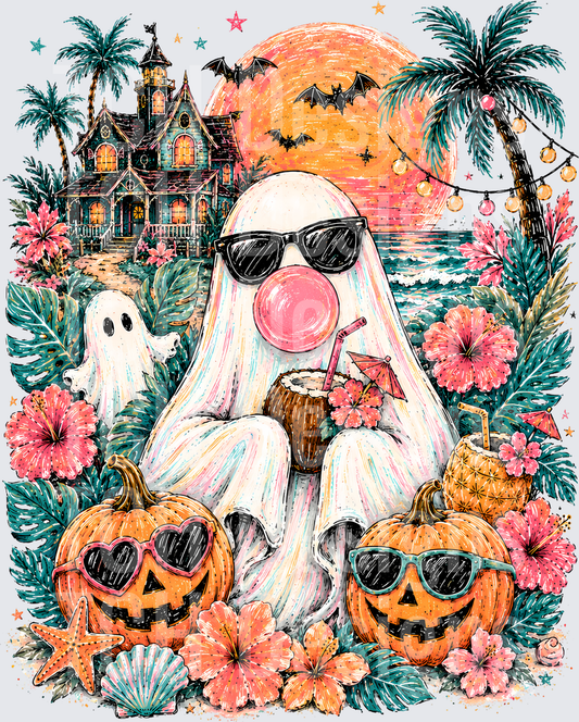 Tropical Halloween Ghost Blowing Bubble Coconut Drink Beach Sunset Spooky Pumpkins