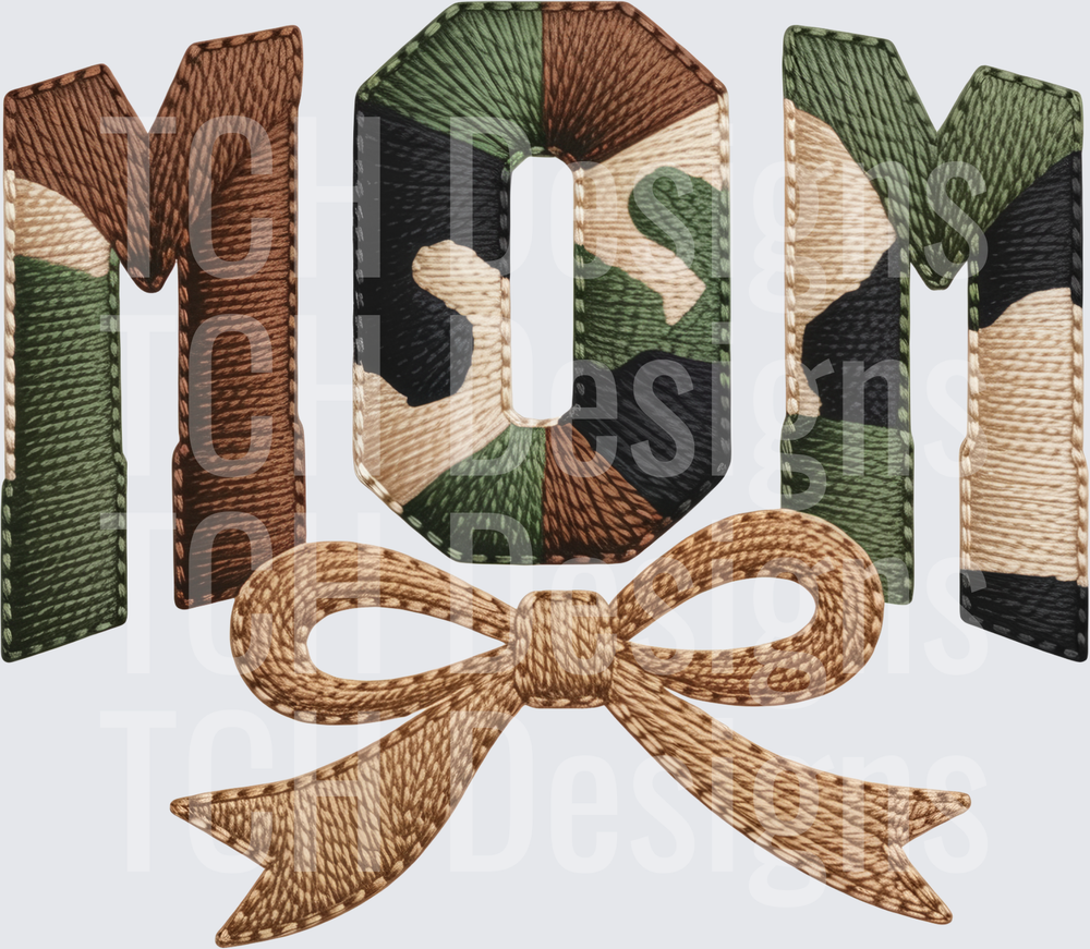 Camo Embroidery Stitch MOM Letters with Bow