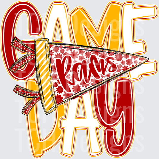 Rams Game Day Megaphone Pennant Red Gold Floral Design