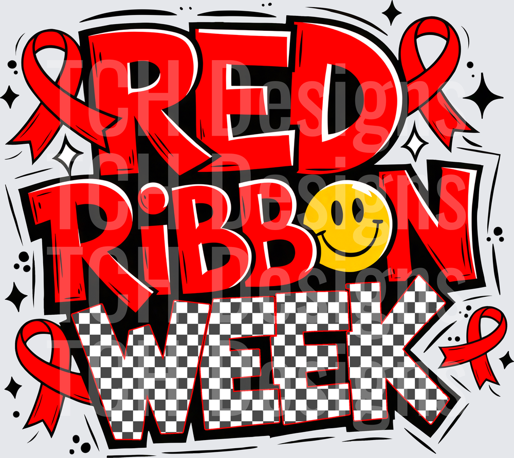 Red Ribbon Week Bold Graffiti Text with Smiley and Ribbons