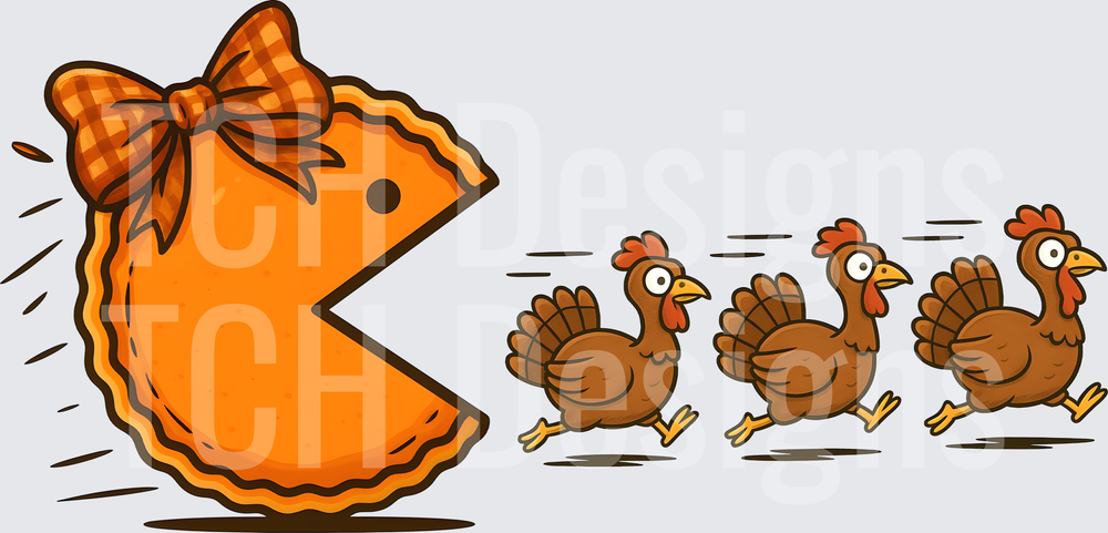 Thanksgiving Pumpkin Pie Pac-Man Chasing Turkeys