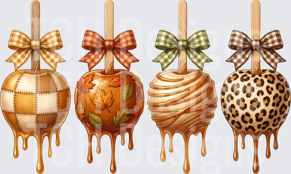 Fall Caramel Apple Quartet with Plaid Bows and Dripping Caramel