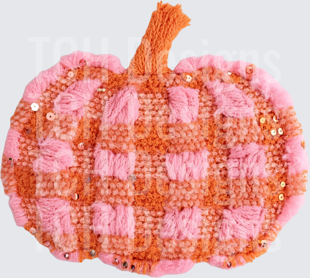 Pink and Orange Plaid Sequin Yarn Pumpkin Fall Harvest