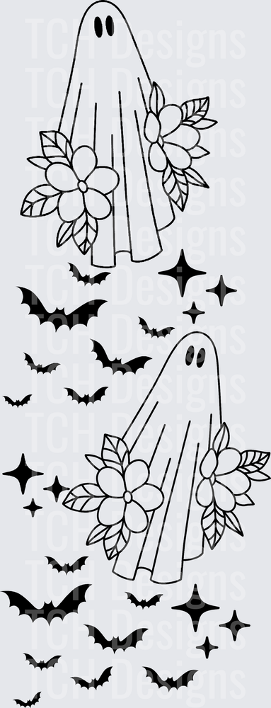 Floral Ghost Duo with Bats and Sparkle Stars Halloween
