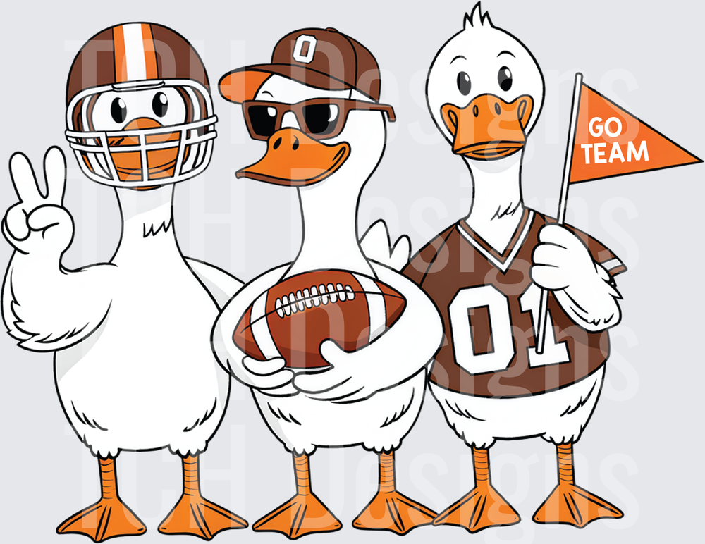 Three Football Fan Ducks Go Team Brown Orange Helmet Jersey