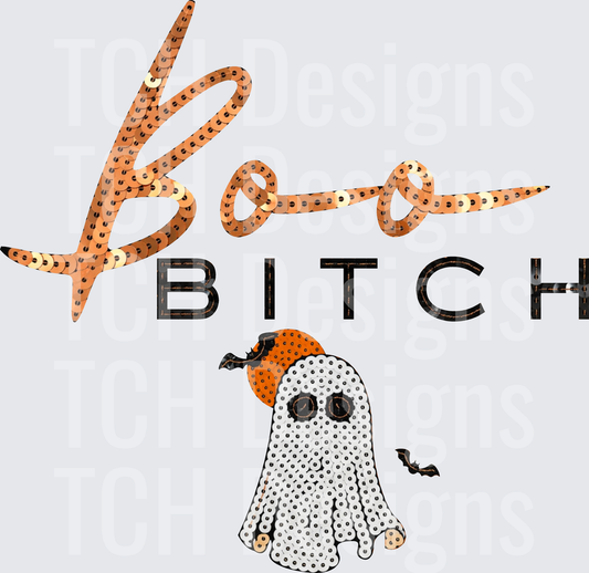 Boo Bitch Sequin Script Halloween Ghost with Pumpkin Hat