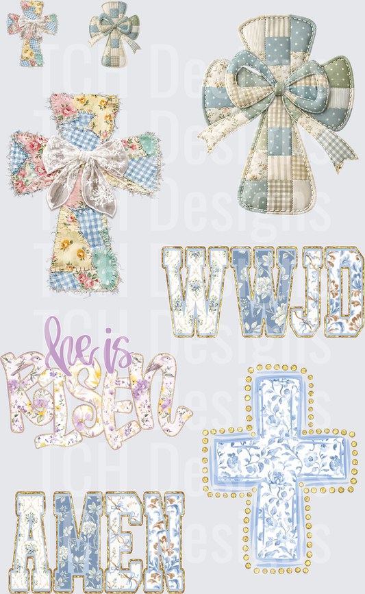 Vintage Patchwork Cross Collection with He is Risen Easter Text