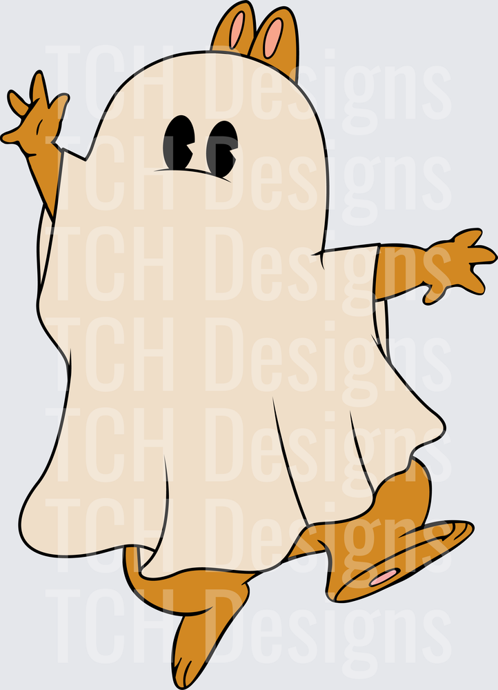 Bunny Wearing Ghost Halloween Costume Running Scared