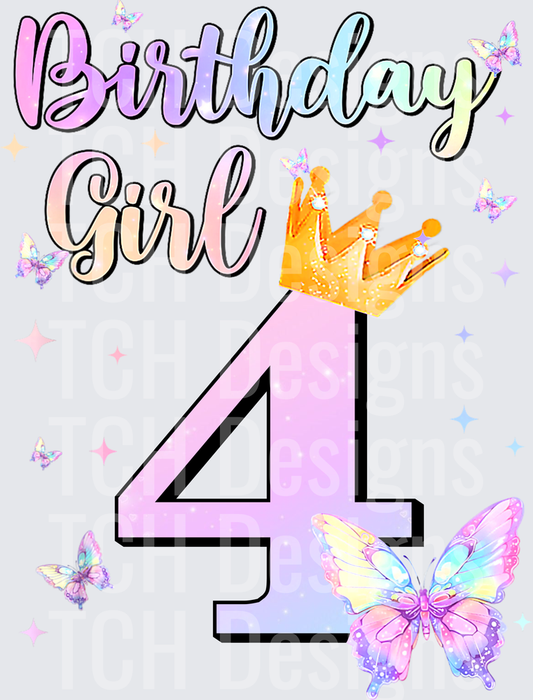 Birthday Girl 4 with Golden Crown and Rainbow Butterflies