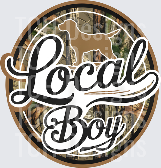 Local Boy Camo Circle with Hunting Dog Silhouette