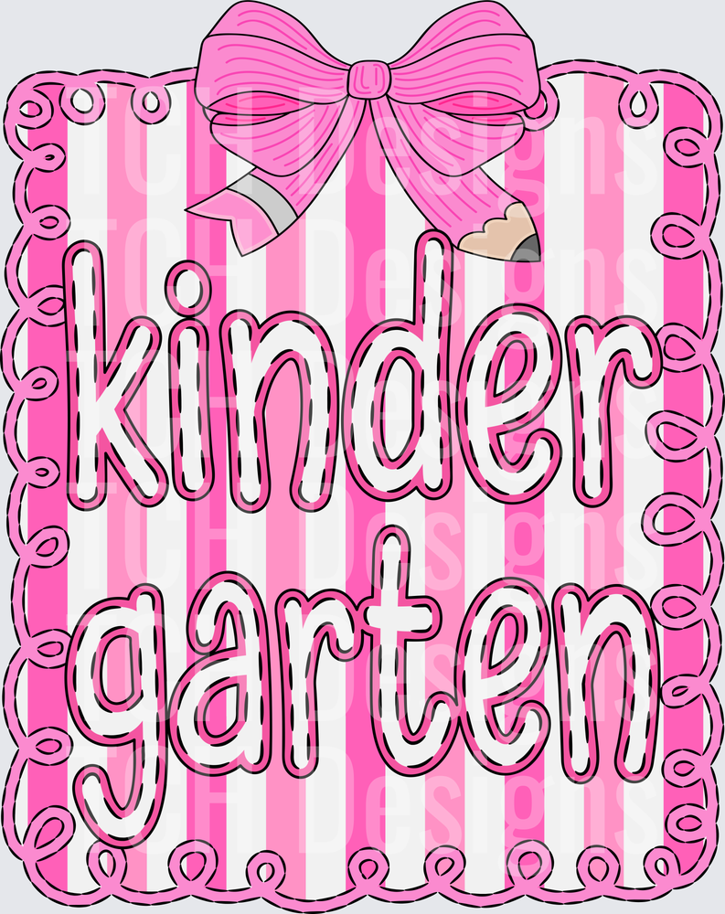 Pink Striped Kindergarten Bow and Pencil Doodle Frame Design