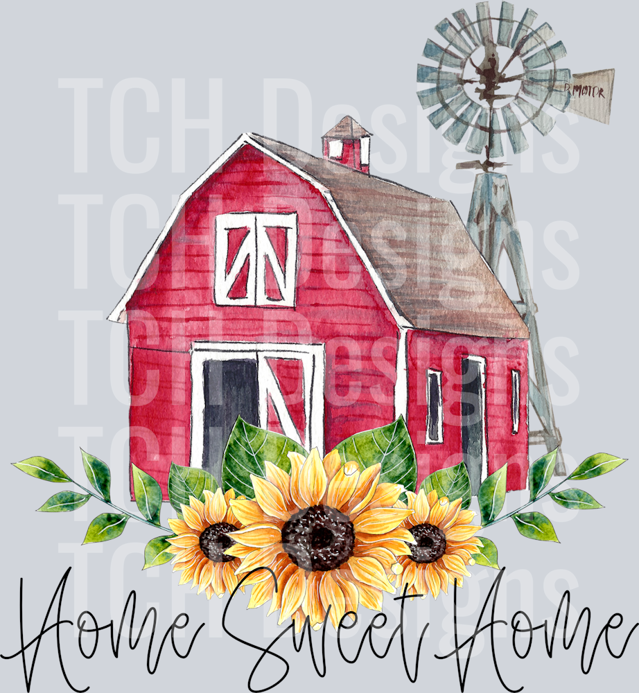 home sweet home red barn windmill sunflowers
