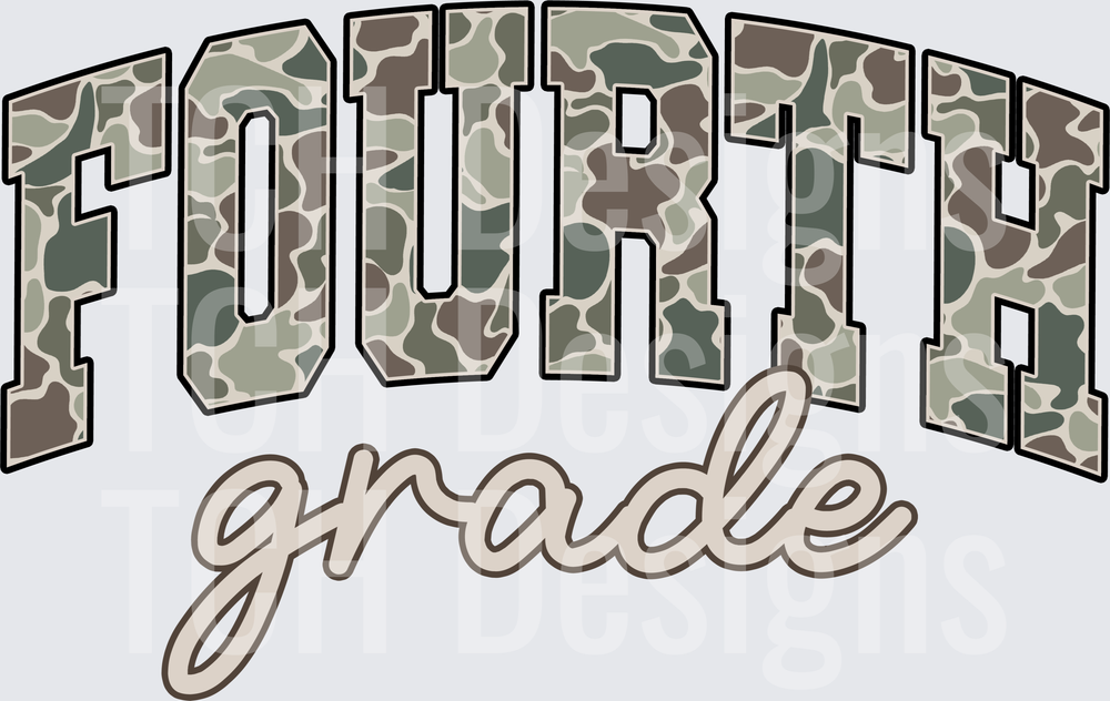 Fourth Grade Camo Varsity Arch Letters Script