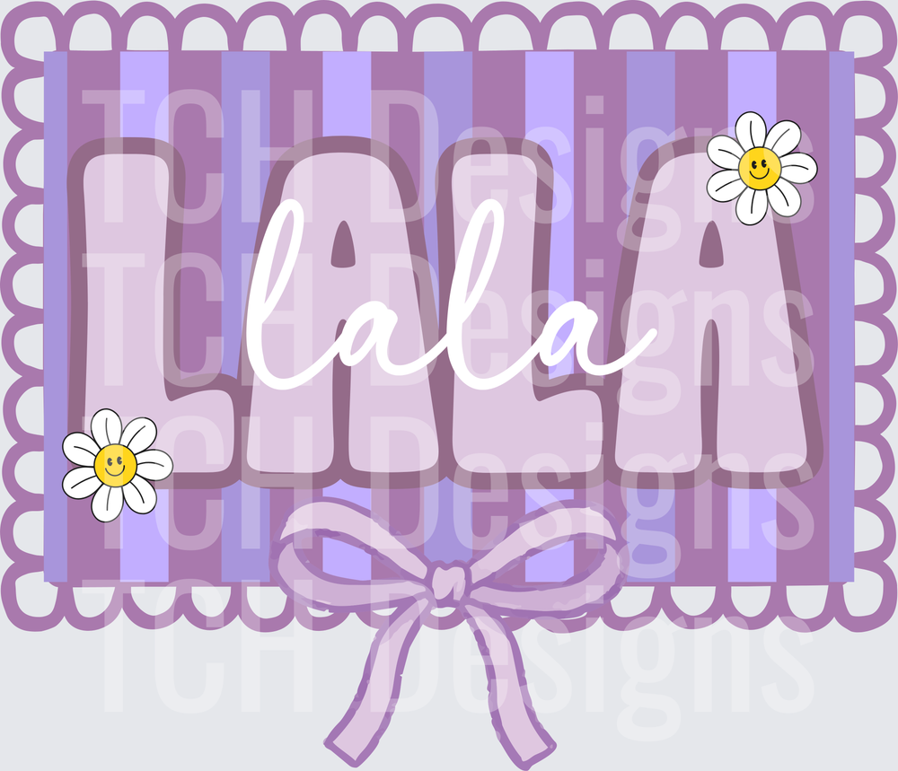 Purple Lala Name Design with Scalloped Border and Daisy Flowers