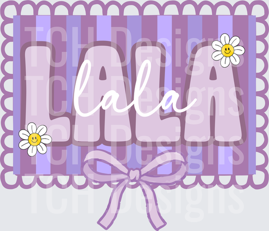 Purple Lala Name Design with Scalloped Border and Daisy Flowers