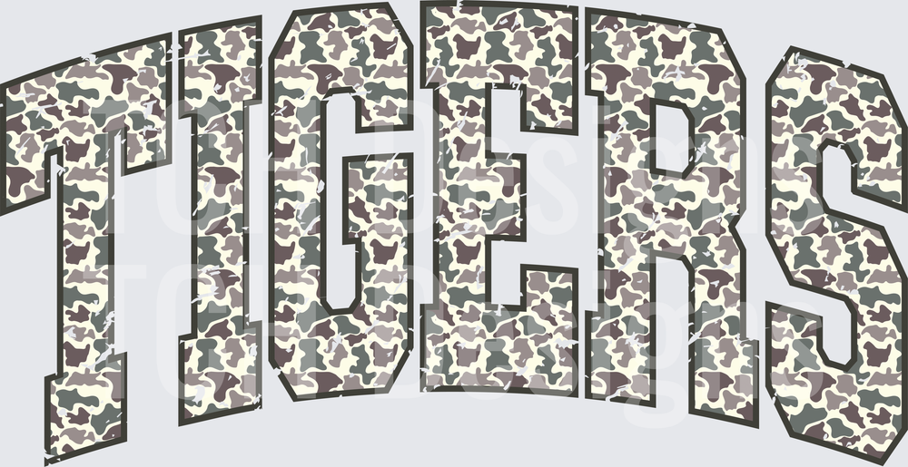 Tigers Arched Camo Distressed Bold Varsity Letters