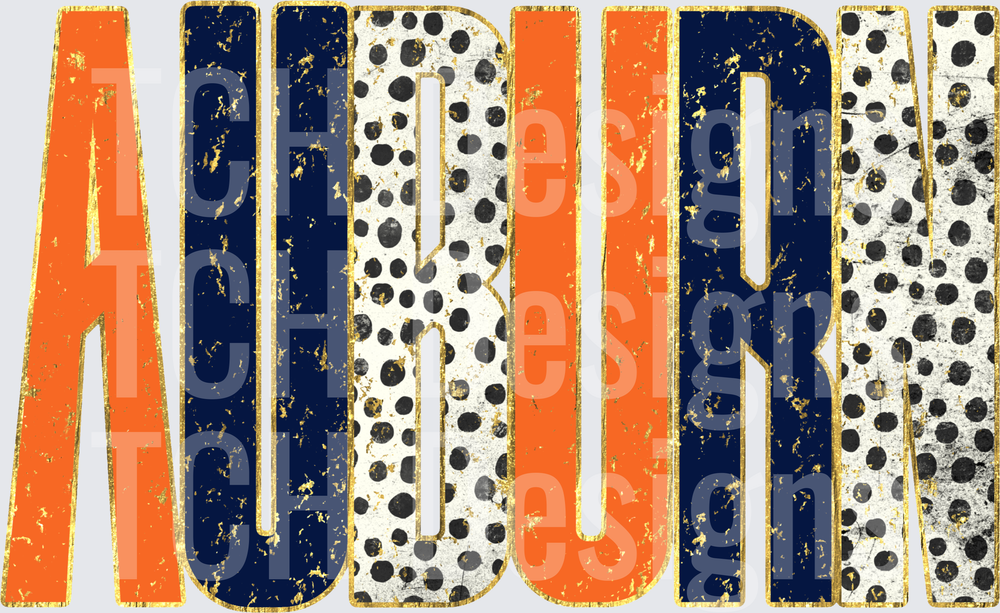 Auburn Bold Distressed Polka Dot Orange Navy Gold Letters