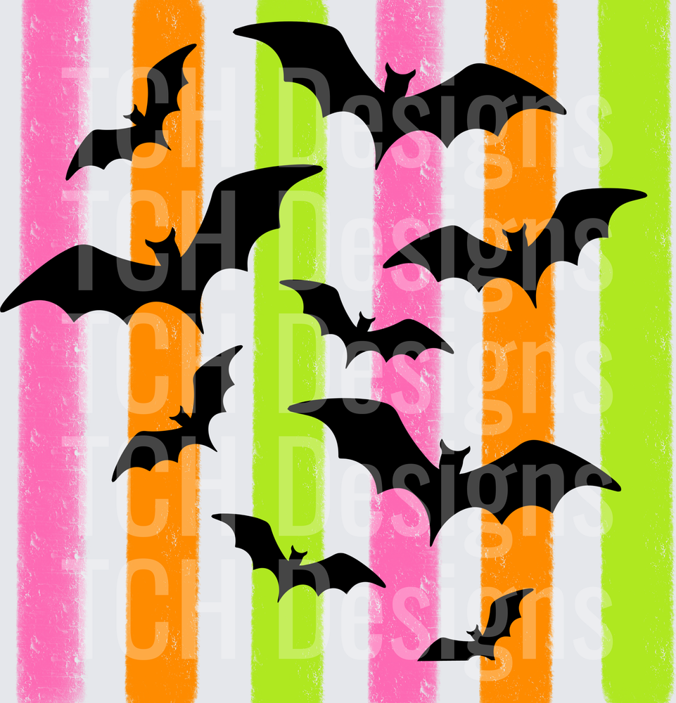 Halloween Bats Flying Over Colorful Neon Stripes
