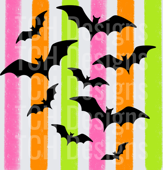 Halloween Bats Flying Over Colorful Neon Stripes