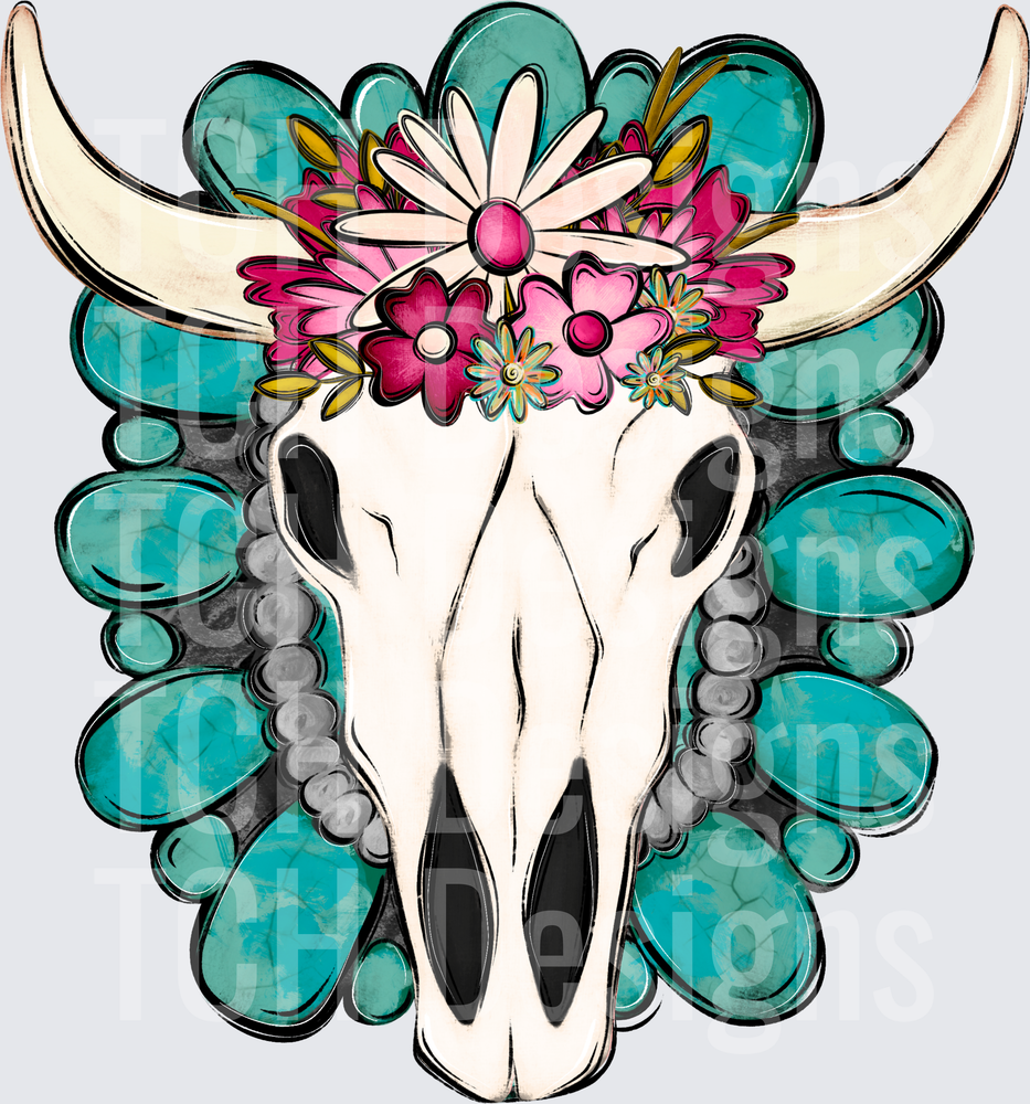 Boho Bull Skull Turquoise Stone Floral Crown Western