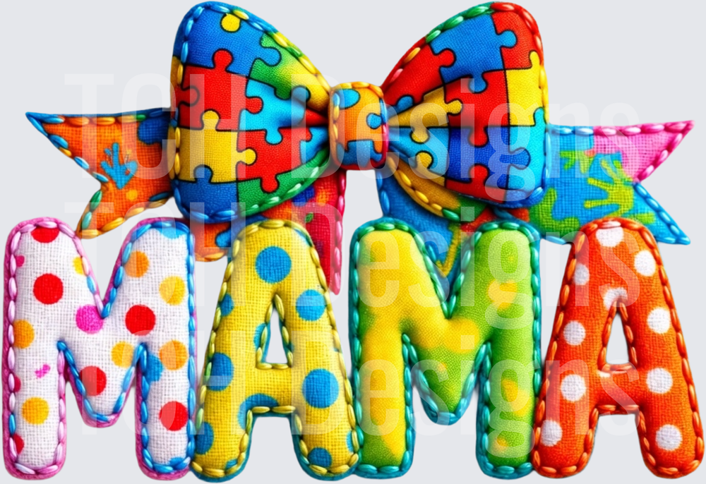 Colorful MAMA Text with Autism Awareness Puzzle Piece Bow