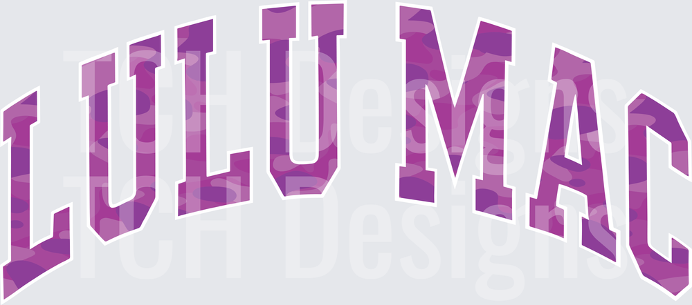 Lulu Mac Arched Purple Camo Collegiate Letter Design