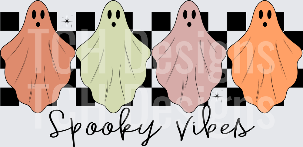 Spooky Vibes Four Retro Ghosts Checkered Halloween