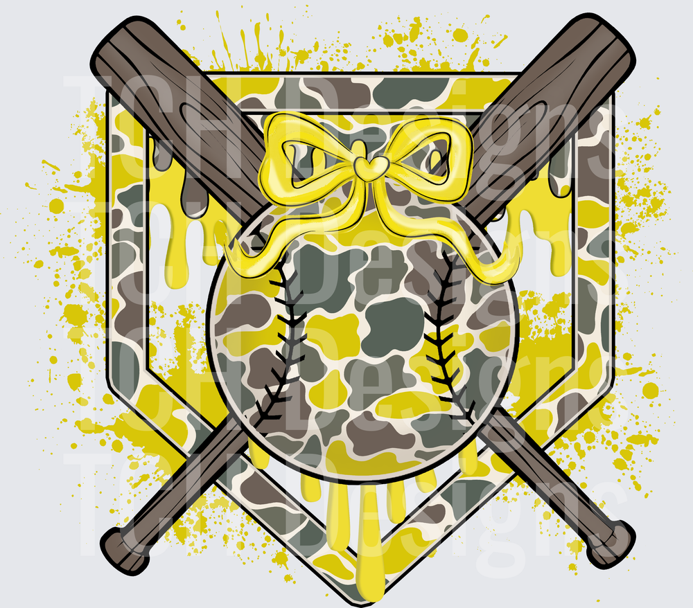 Camo Softball Home Plate Crossed Bats Yellow Bow Drip Splatter