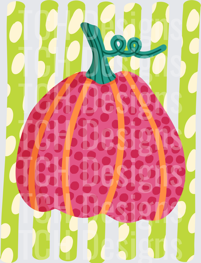 Whimsical Pink Polka Dot Pumpkin with Teal Stem Curly Vine
