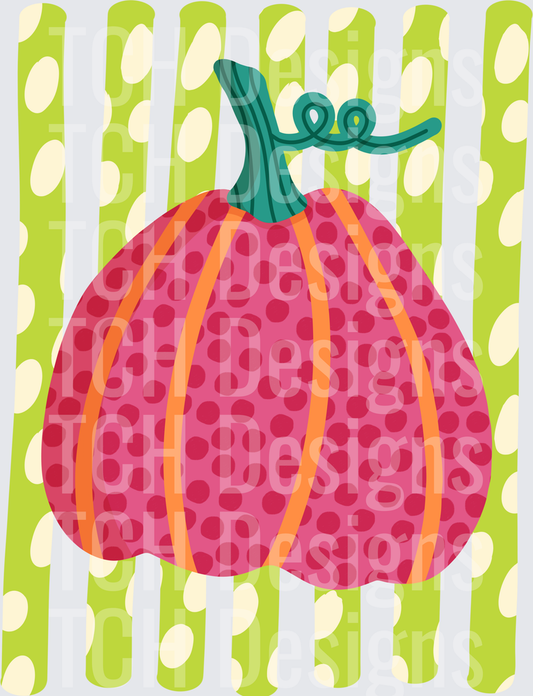 Whimsical Pink Polka Dot Pumpkin with Teal Stem Curly Vine