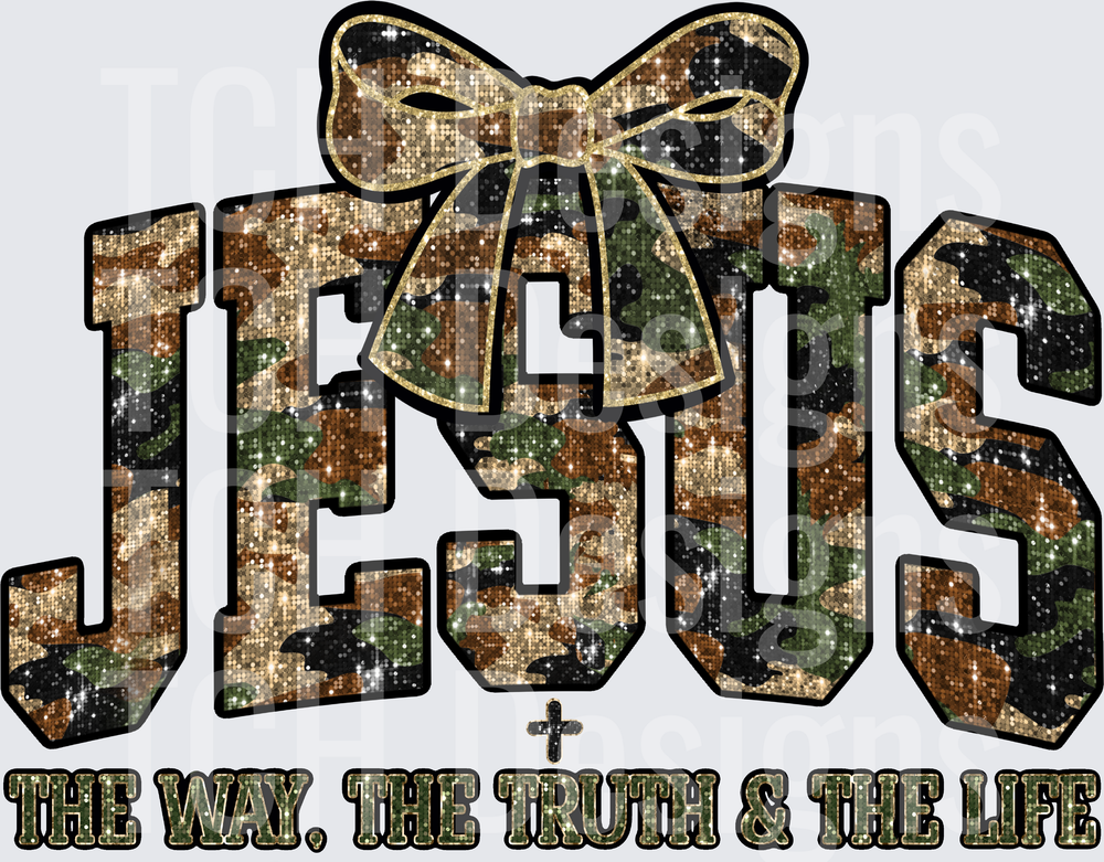 Jesus The Way The Truth & The Life Camo Glitter Bow Design