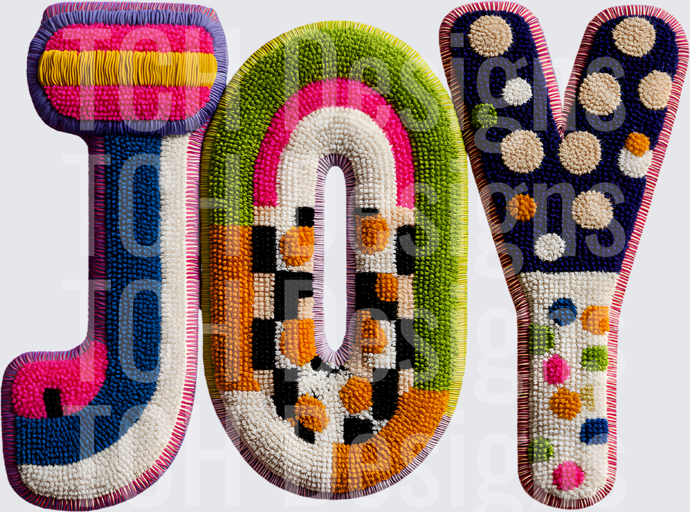 Colorful Chenille Patch Style JOY Letters Polka Dot Checker