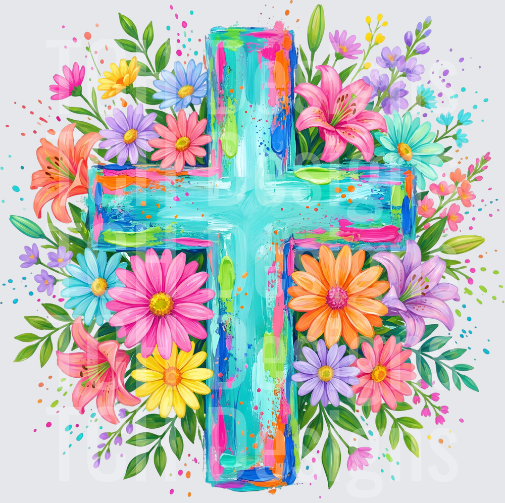 Colorful Paint Splash Cross with Spring Flowers and Foliage