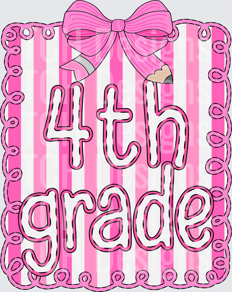 Pink Striped 4th Grade Bow and Pencils School Design