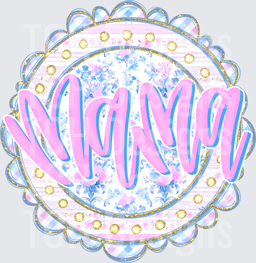 Mama Pink Script Blue Floral Scallop Gold Glitter Badge