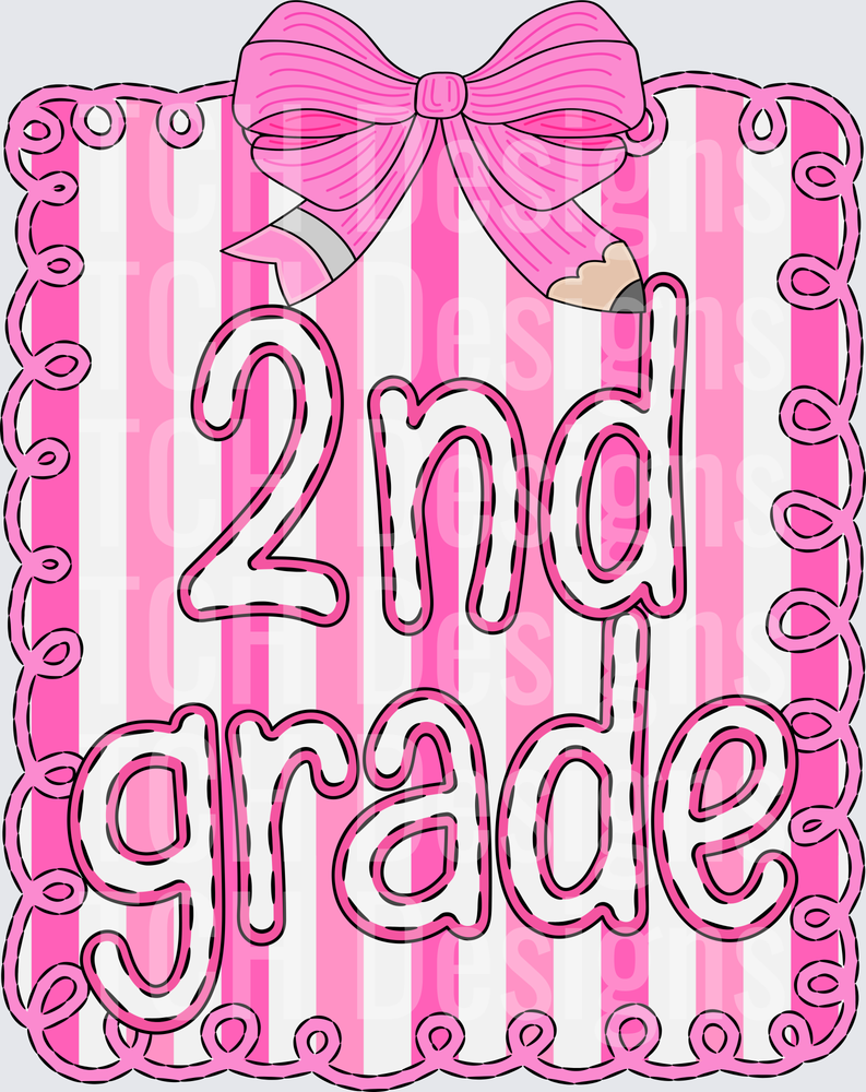 2nd Grade Pink Striped Bow Pencil Doodle Frame Design