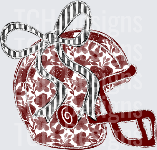 Crimson Floral Football Helmet with Black Striped Bow