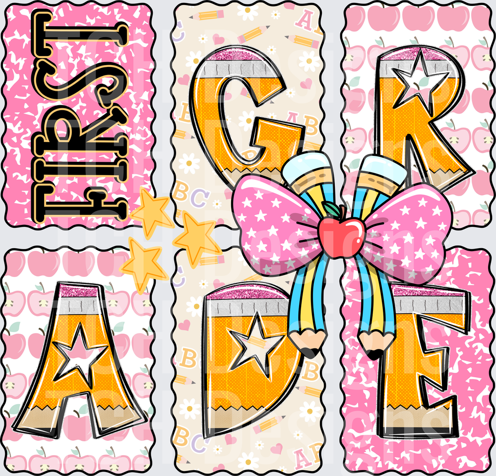 First Grade Pencil Letter School Pink Apple Bow Design
