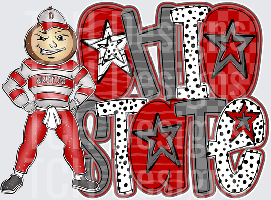 Brutus Buckeye Ohio State Bold Patterned Lettering with Stars
