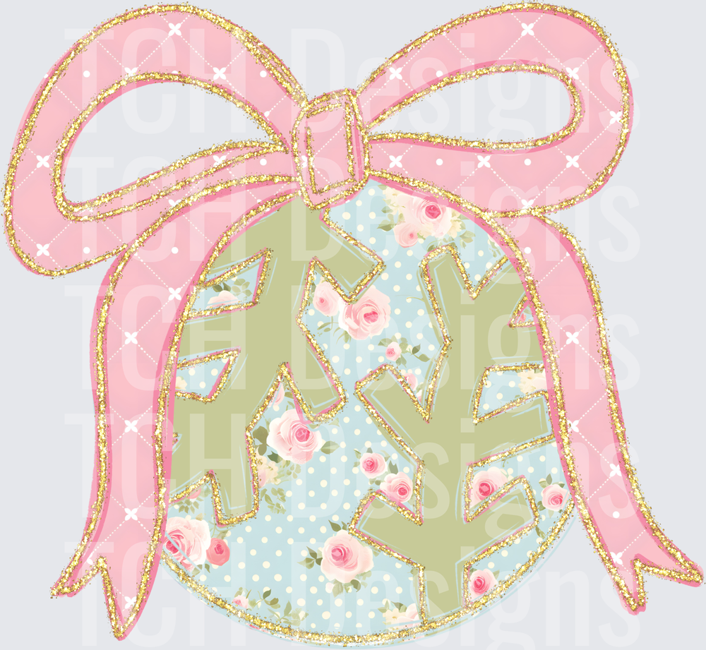 Shabby Chic Floral Christmas Ornament Pink Bow Gold Glitter