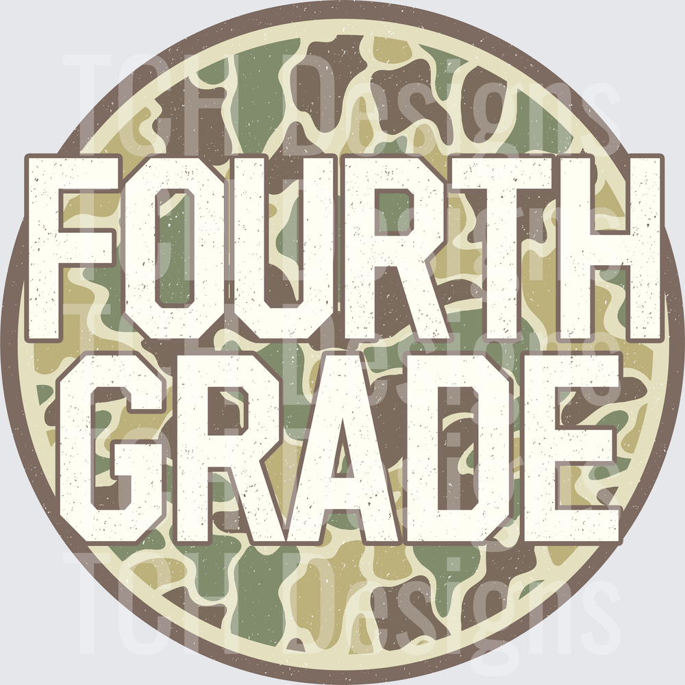 Fourth Grade Bold Text Distressed Camo Circle Badge