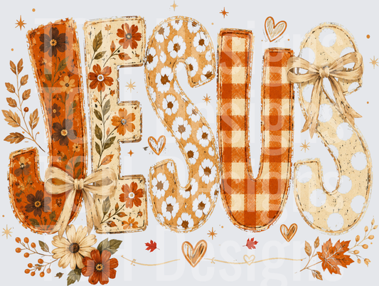 Jesus Fall Floral Patchwork Bow Letters Autumn Design